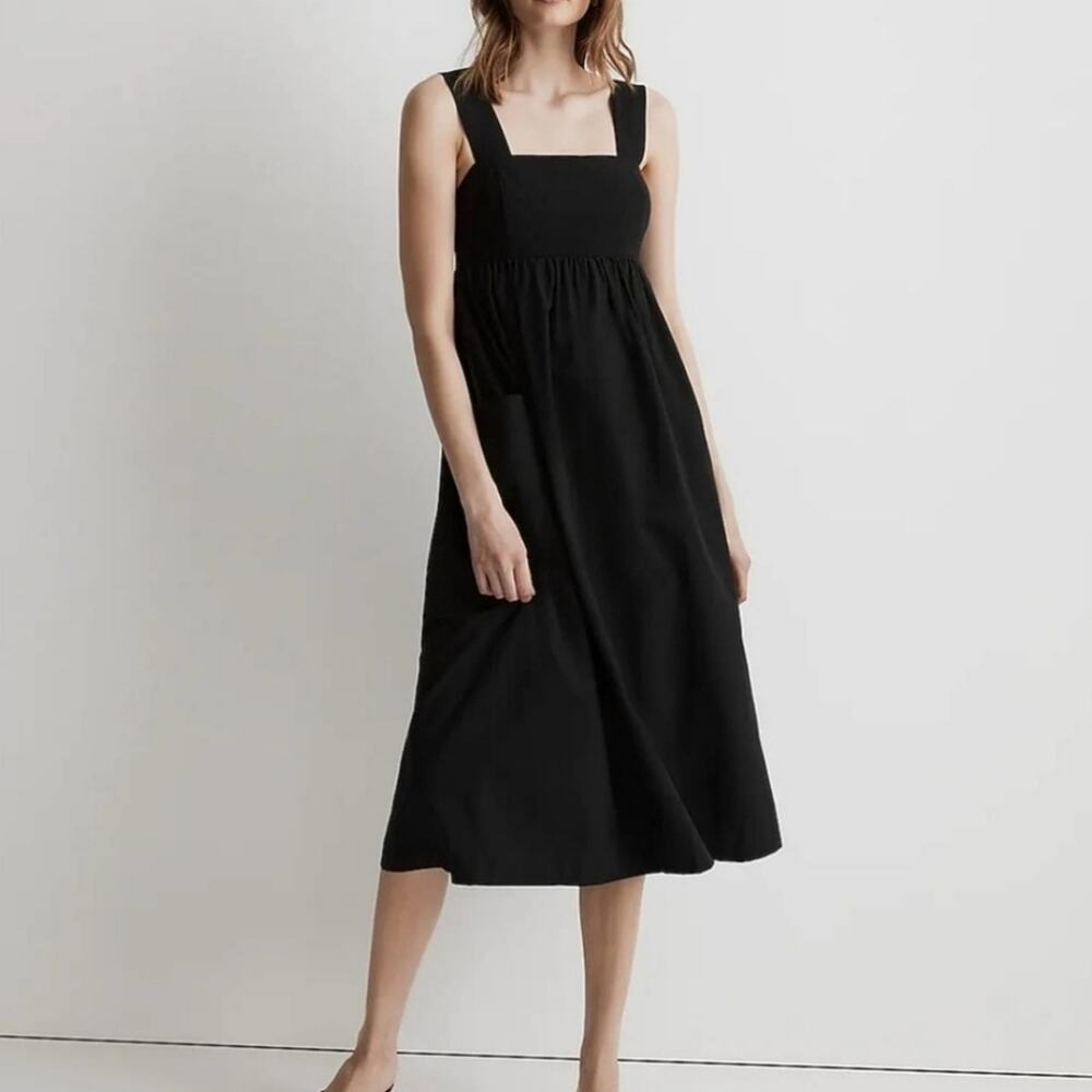 Madewell Black Poplin Cut-Out Back Empire Midi Dress Puff Sleeve NWT 4